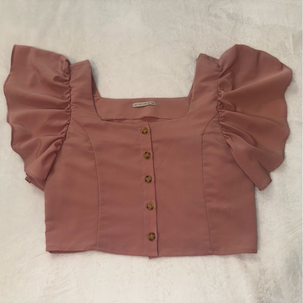 Women’s Active USA Large Blush Flutter Shirt Short Sleeve NWOT